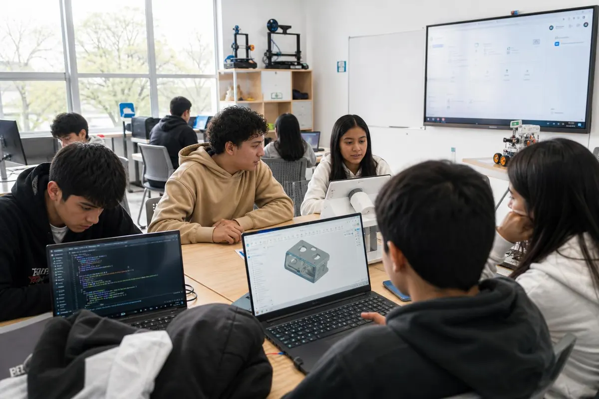 Educadores y estudiantes colaborando con tecnología en una aula moderna